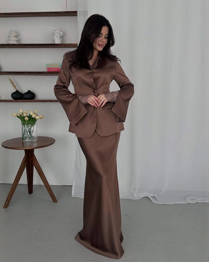 Elegant Two-Piece Set: Slim-Fit Solid-Color Blazer and Satin Maxi Skirt