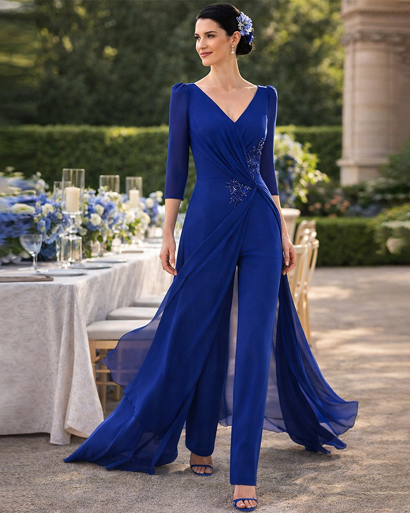 Stunning Royal Blue Jumpsuit with Train - Formal Evening Gown for Mom