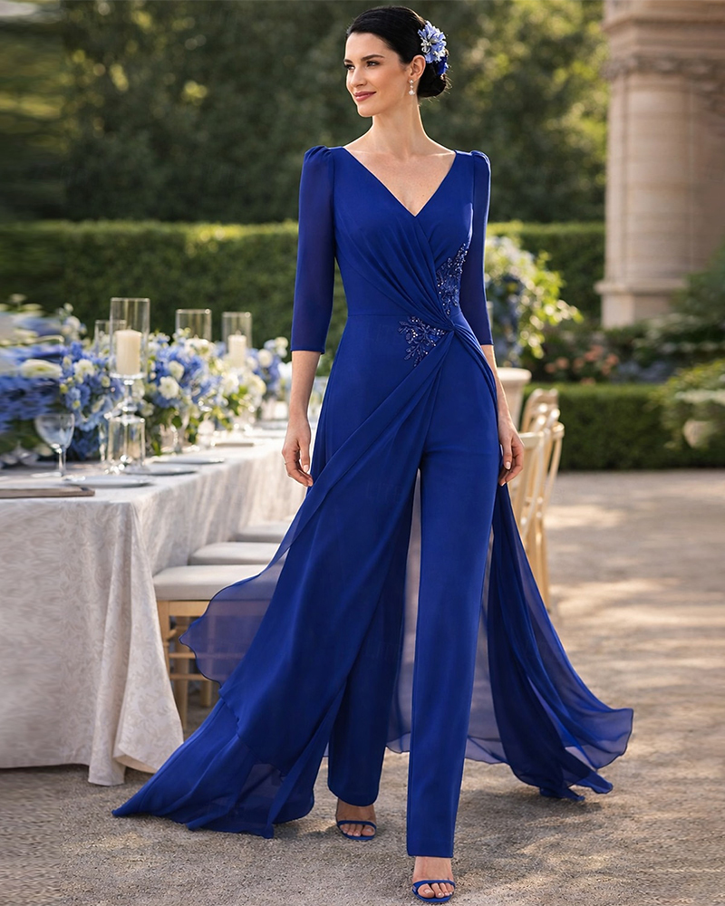 Stunning Royal Blue Jumpsuit with Train - Formal Evening Gown for Mom