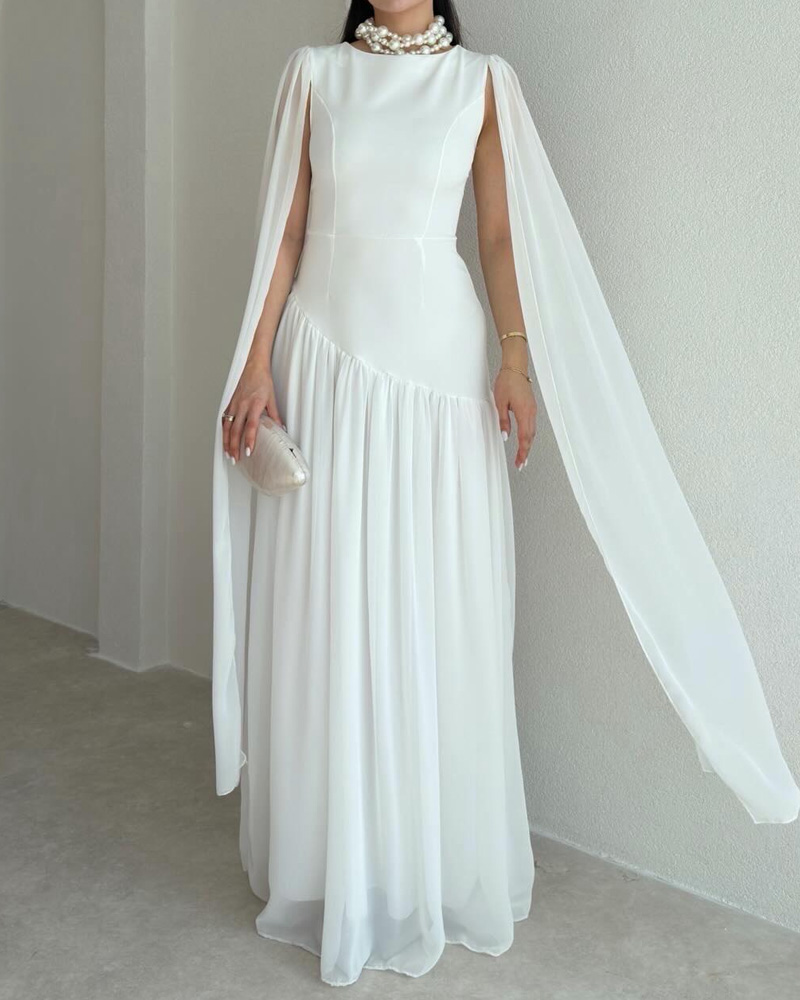 Elegant Shawl-Style Round Neck Solid Color Dress