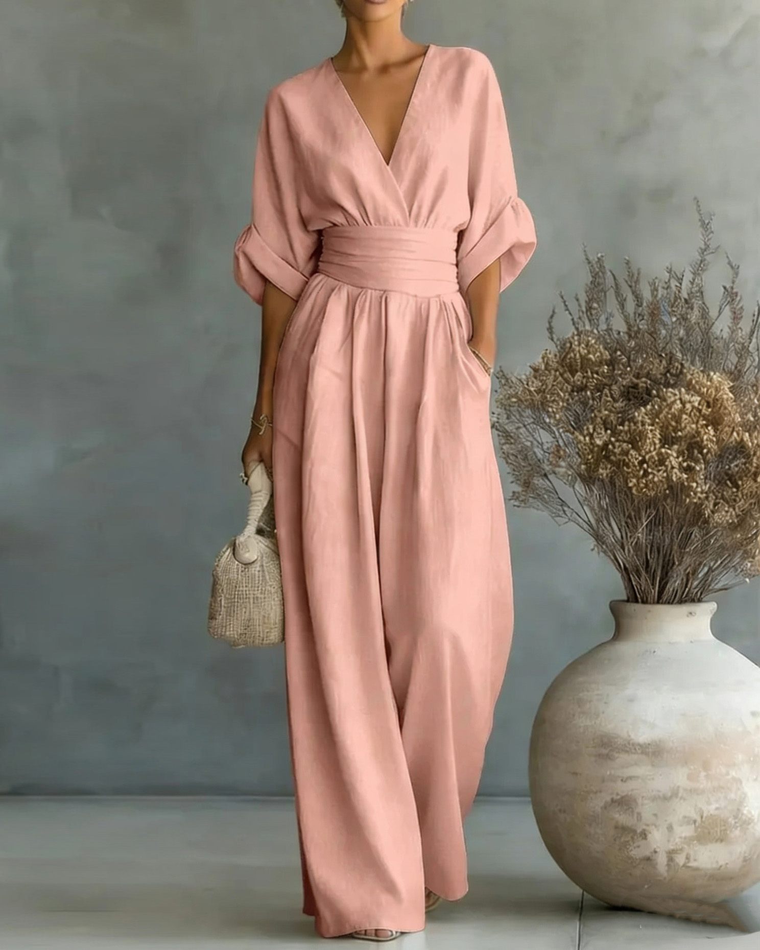 Solid-Color V-Neck Waist-Cinching Jumpsuit