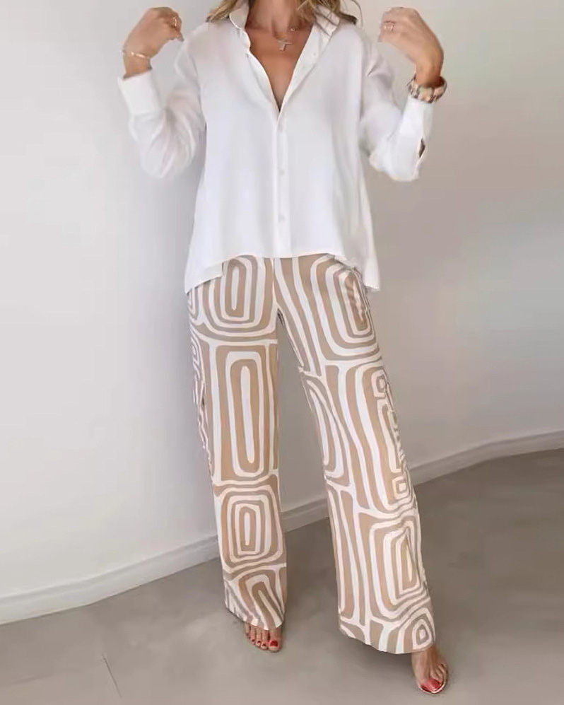 Two-piece set: collared casual solid color top + printed pants