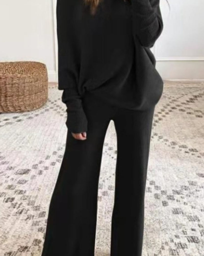 Solid Color Batwing Long-Sleeve Two-Piece Set