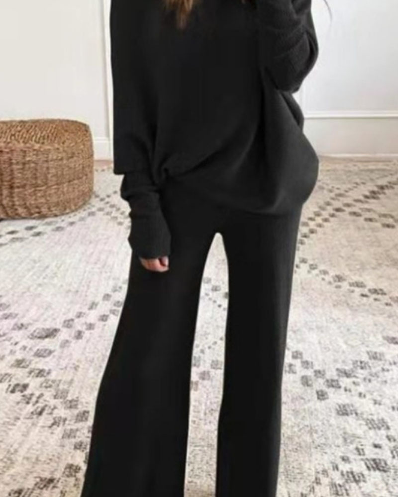 Solid Color Batwing Long-Sleeve Two-Piece Set