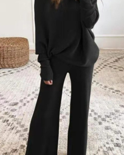 Solid Color Batwing Long-Sleeve Two-Piece Set