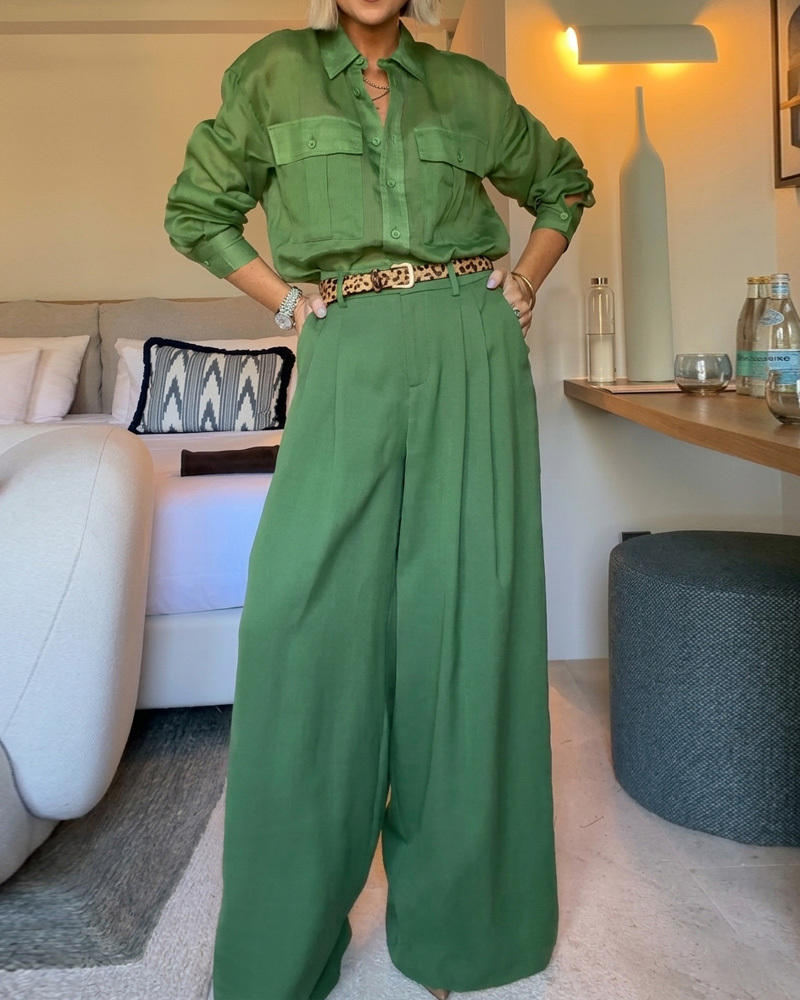 Lapel Casual Solid-Color Two-Piece Set