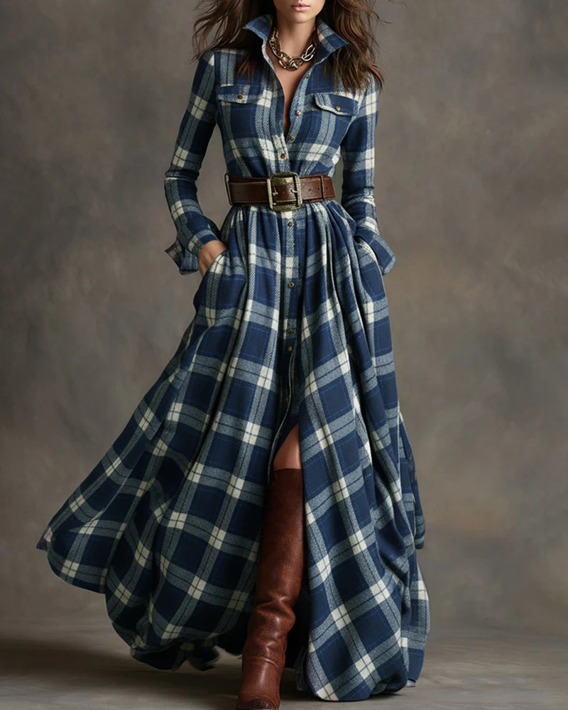 Collared, Long-Sleeve, Multicolor Plaid Print Dress