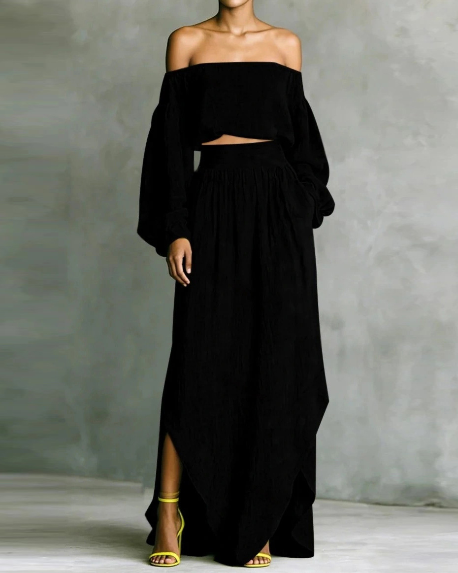 Off-shoulder casual solid color two-piece set