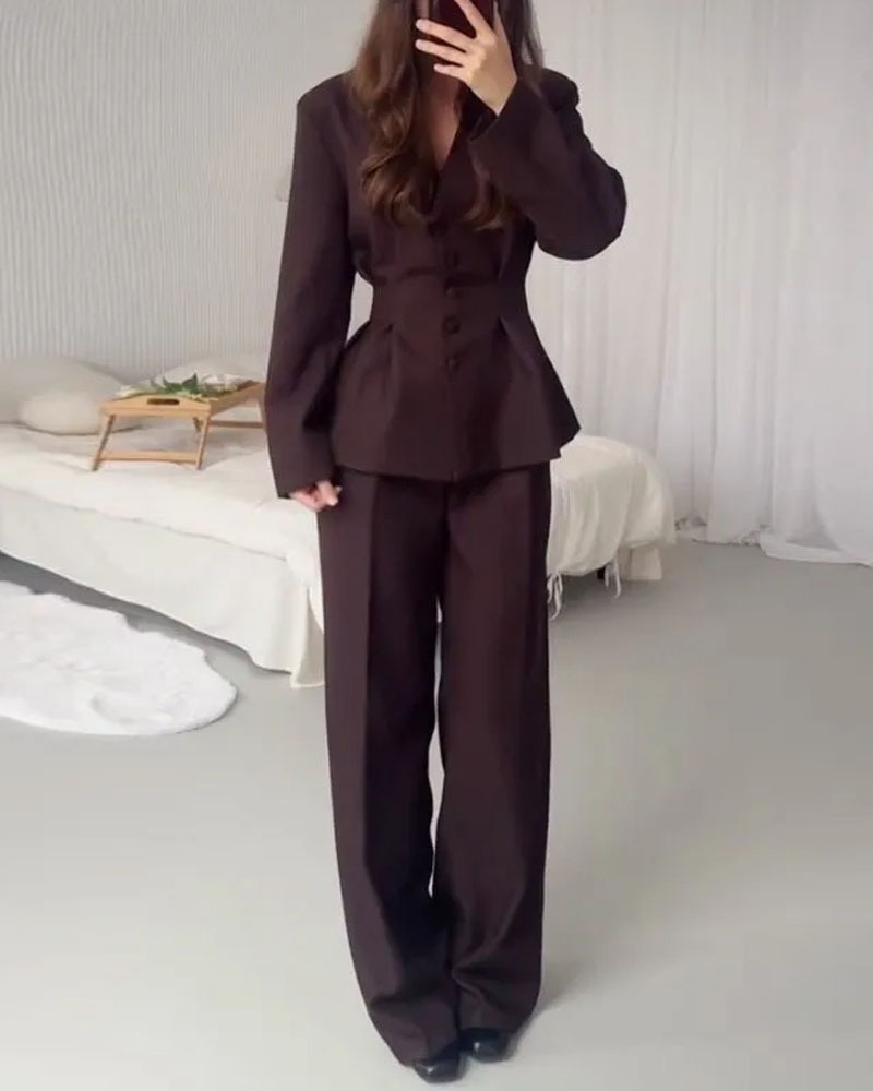 Collared Long-Sleeved Casual Solid Color Two-Piece Set