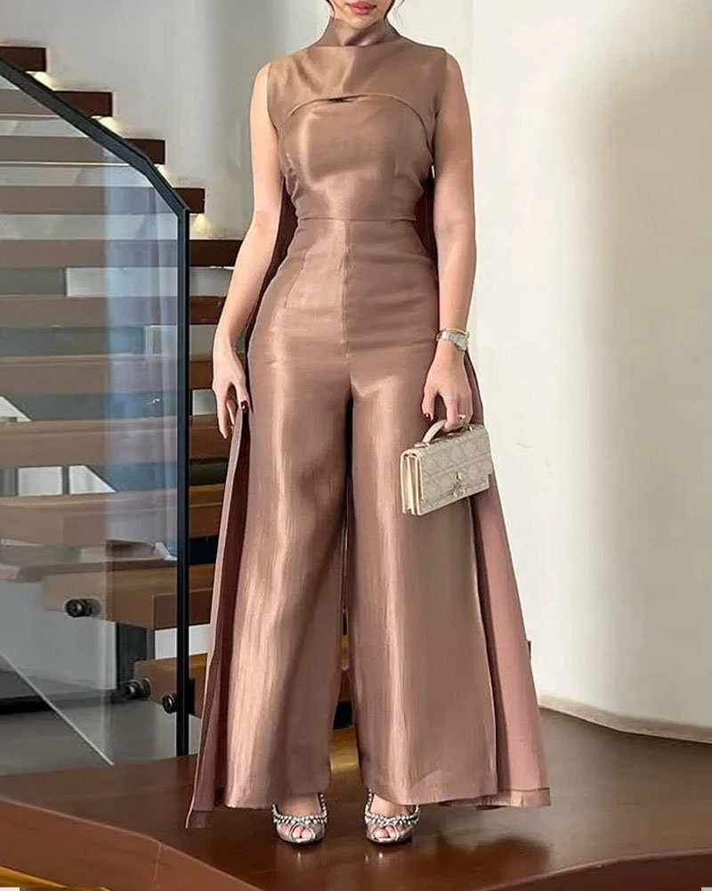 Shawl-style sleeveless turtleneck two-piece set