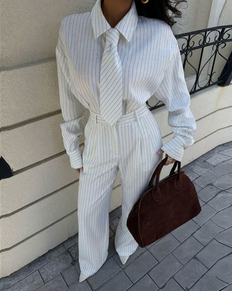 Striped Cinched Shirt with Tie and Wide Leg Pants Two-Piece Set