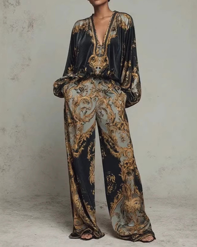 V-Neck Loose-Fitting Printed Two-Piece Set