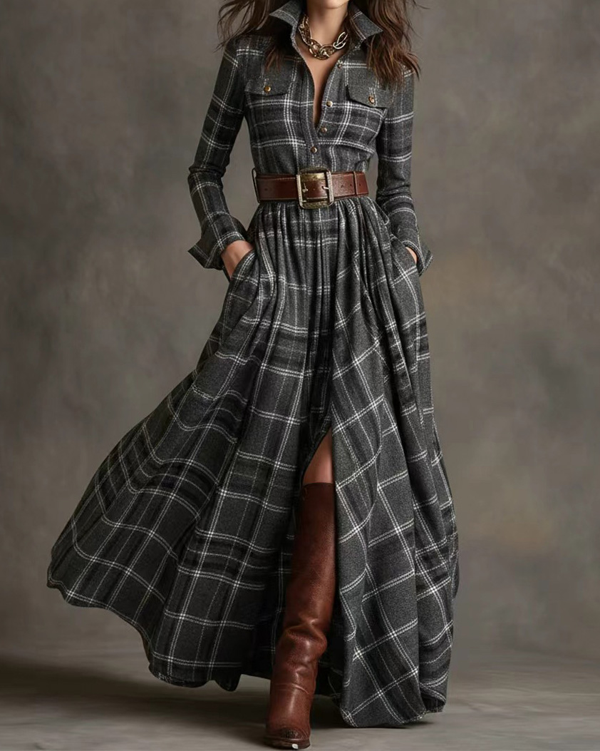 Collared, Long-Sleeve, Multicolor Plaid Print Dress