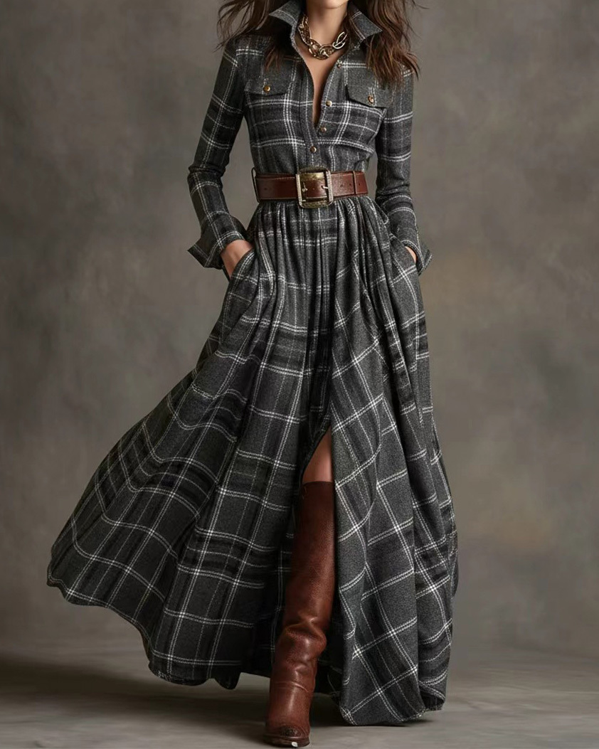 Collared, Long-Sleeve, Multicolor Plaid Print Dress