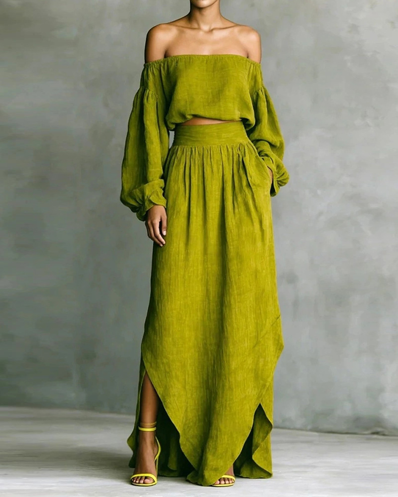 Off-shoulder casual solid color two-piece set