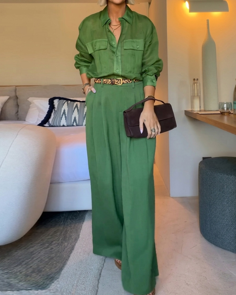 Lapel Casual Solid-Color Two-Piece Set