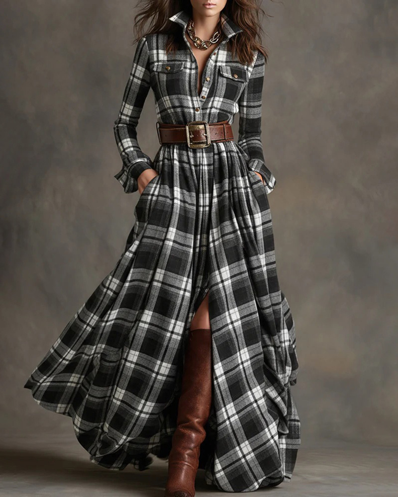 Collared, Long-Sleeve, Multicolor Plaid Print Dress