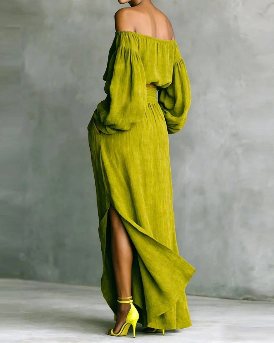 Off-shoulder casual solid color two-piece set