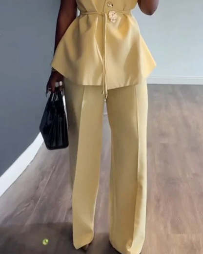 Sleeveless casual solid color two-piece set