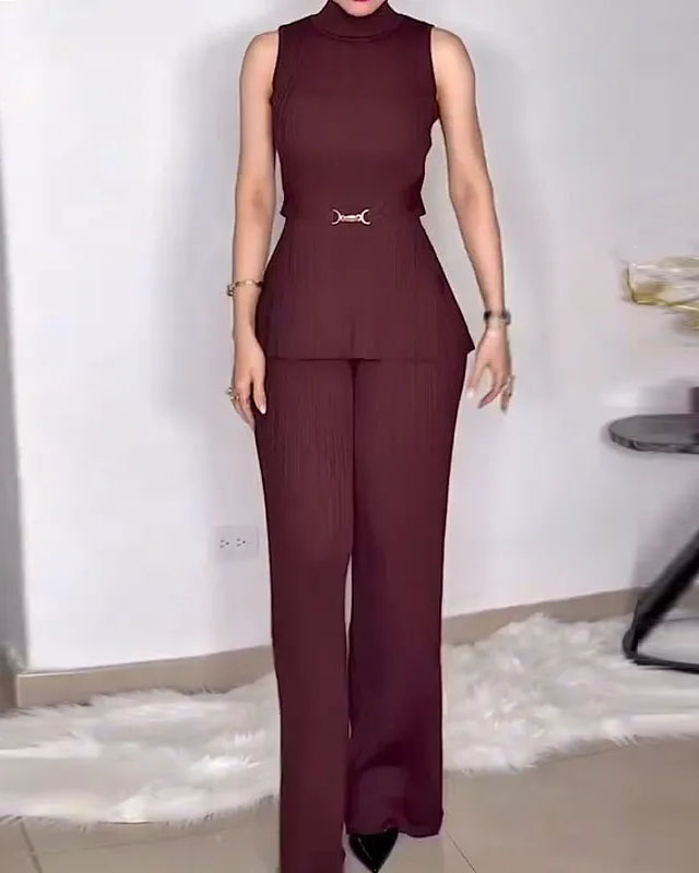 Sleeveless pleated solid color two-piece set