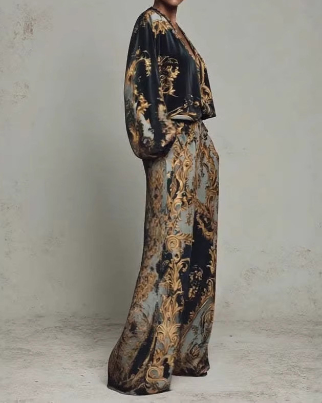 V-Neck Loose-Fitting Printed Two-Piece Set