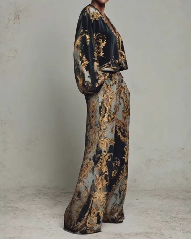 V-Neck Loose-Fitting Printed Two-Piece Set