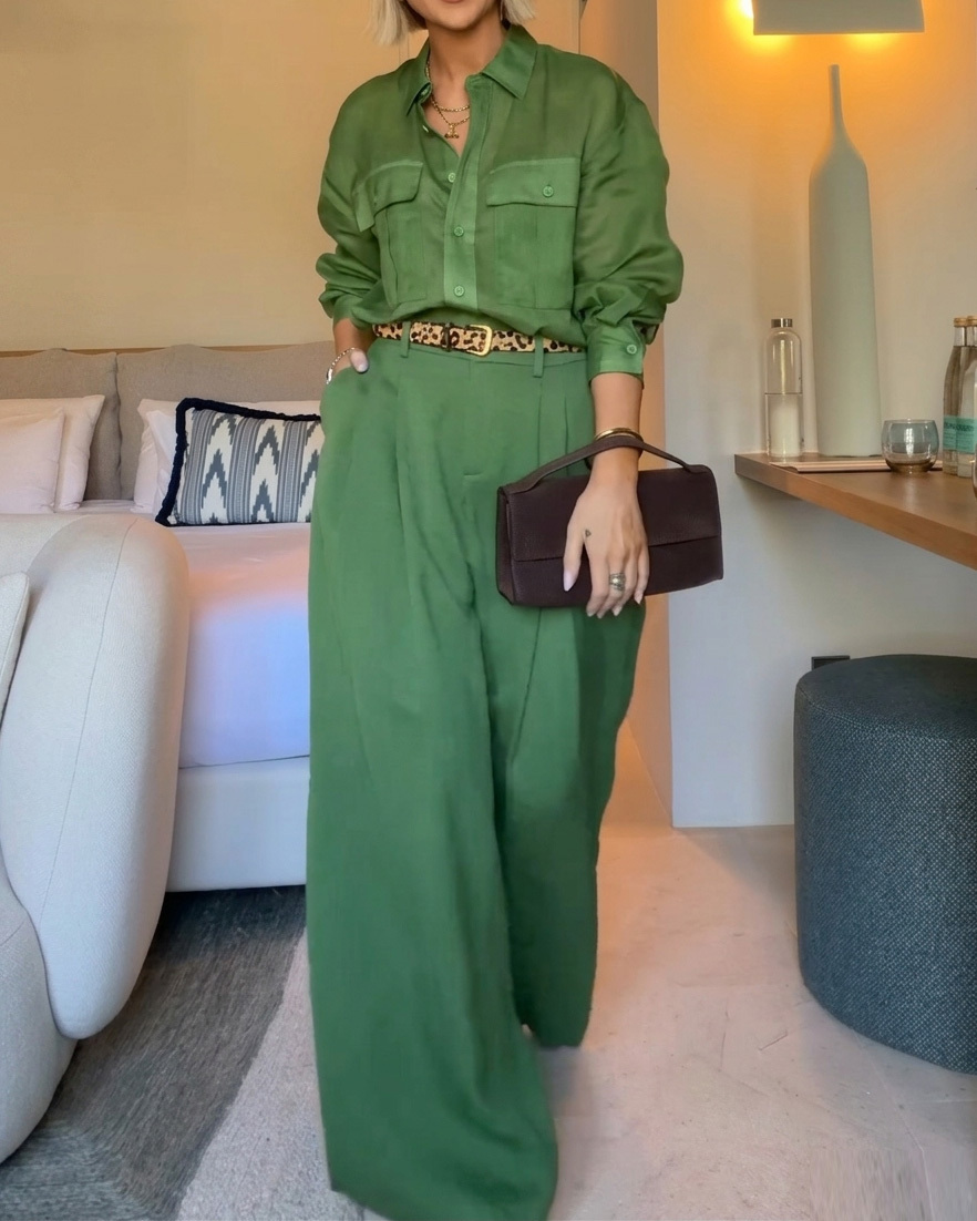 Lapel Casual Solid-Color Two-Piece Set