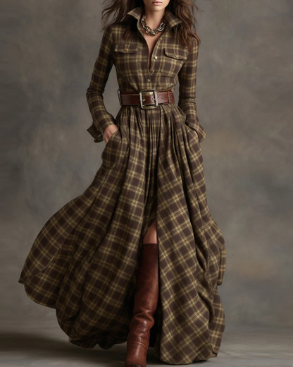 Collared, Long-Sleeve, Multicolor Plaid Print Dress