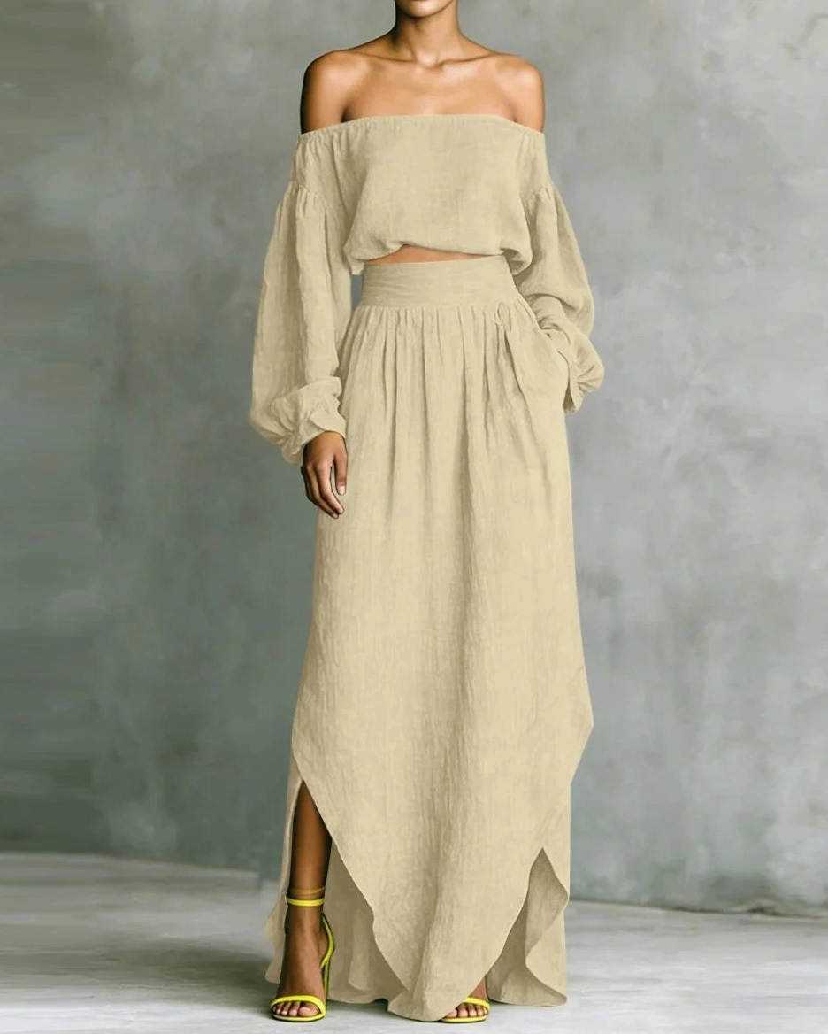 Off-shoulder casual solid color two-piece set