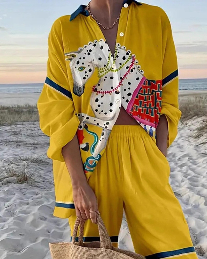 Casual loose-fitting horse print two-piece set