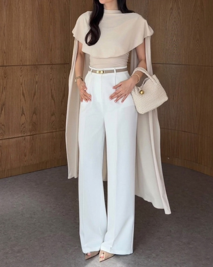 Shawl-Style Solid Color Casual Two-Piece Set