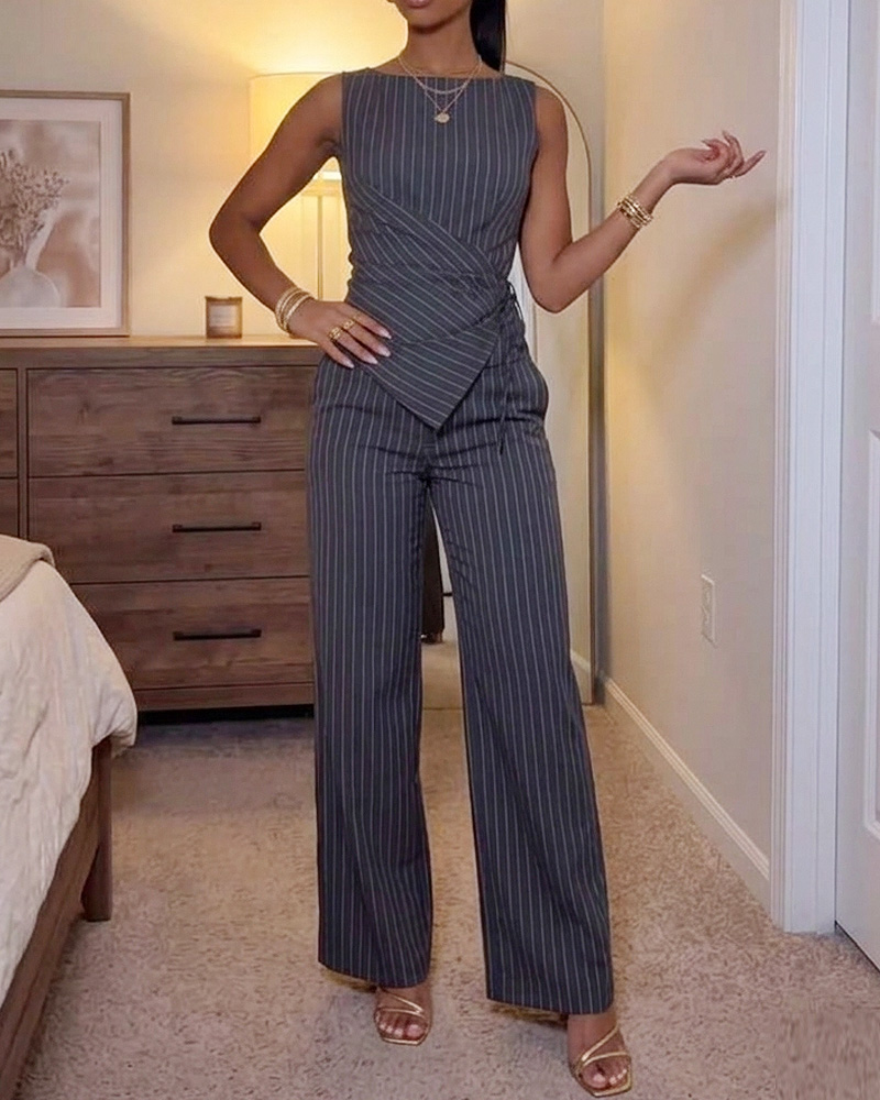 Crew Neck Sleeveless Striped Casual Two-Piece Set