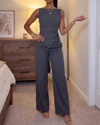 Crew Neck Sleeveless Striped Casual Two-Piece Set