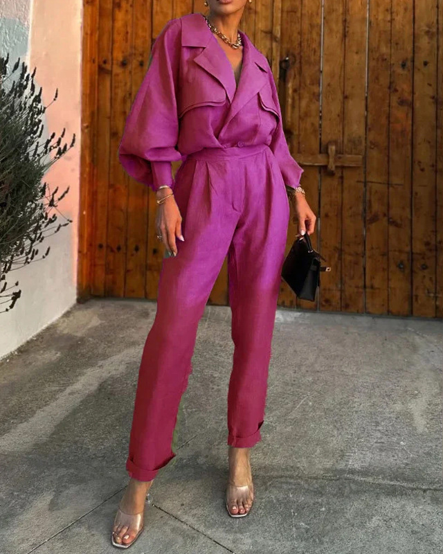 Collared casual cotton and linen breathable solid color two-piece set