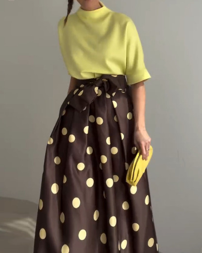 Casual Top + Polka Dot Print Two-Piece Set