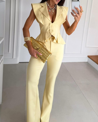 Lapel Casual Solid Color Two-Piece Set