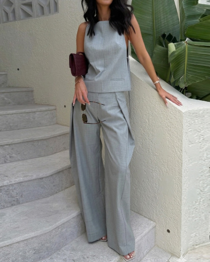 Sleeveless Solid Color Two-Piece Work Outfit