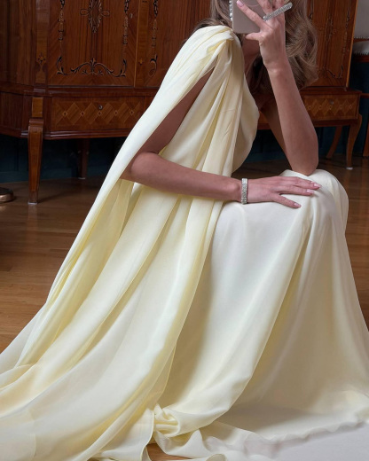 Solid-Color One-Shoulder Chiffon Shawl-Style Dress