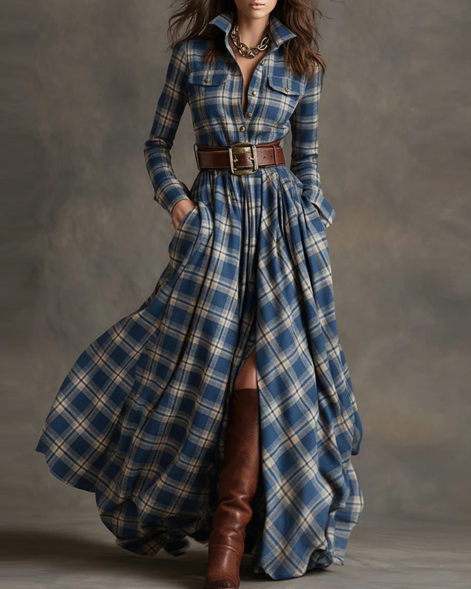 Collared, Long-Sleeve, Multicolor Plaid Print Dress