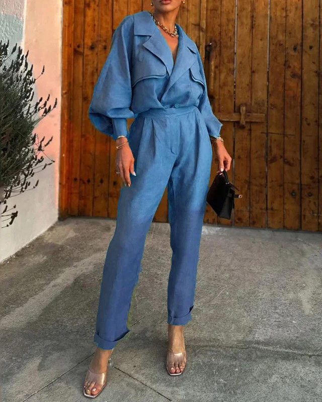 Collared casual cotton and linen breathable solid color two-piece set