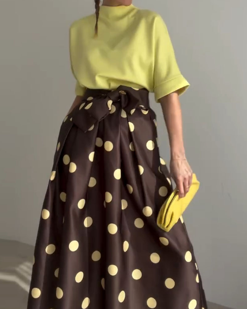 Casual Top + Polka Dot Print Two-Piece Set