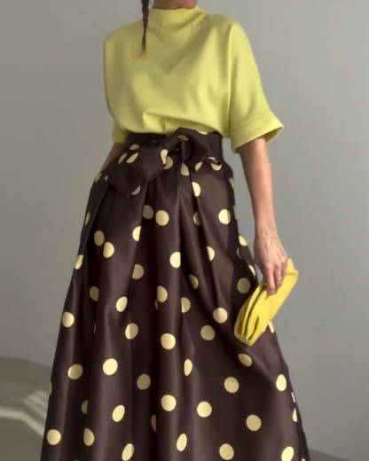 Casual Top + Polka Dot Print Two-Piece Set