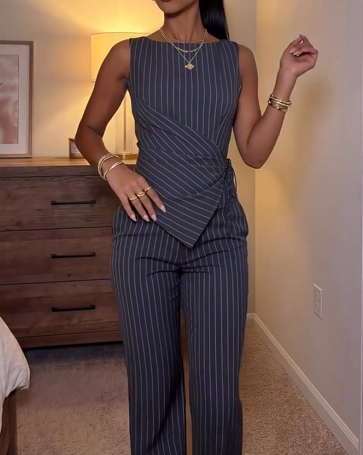 Crew Neck Sleeveless Striped Casual Two-Piece Set