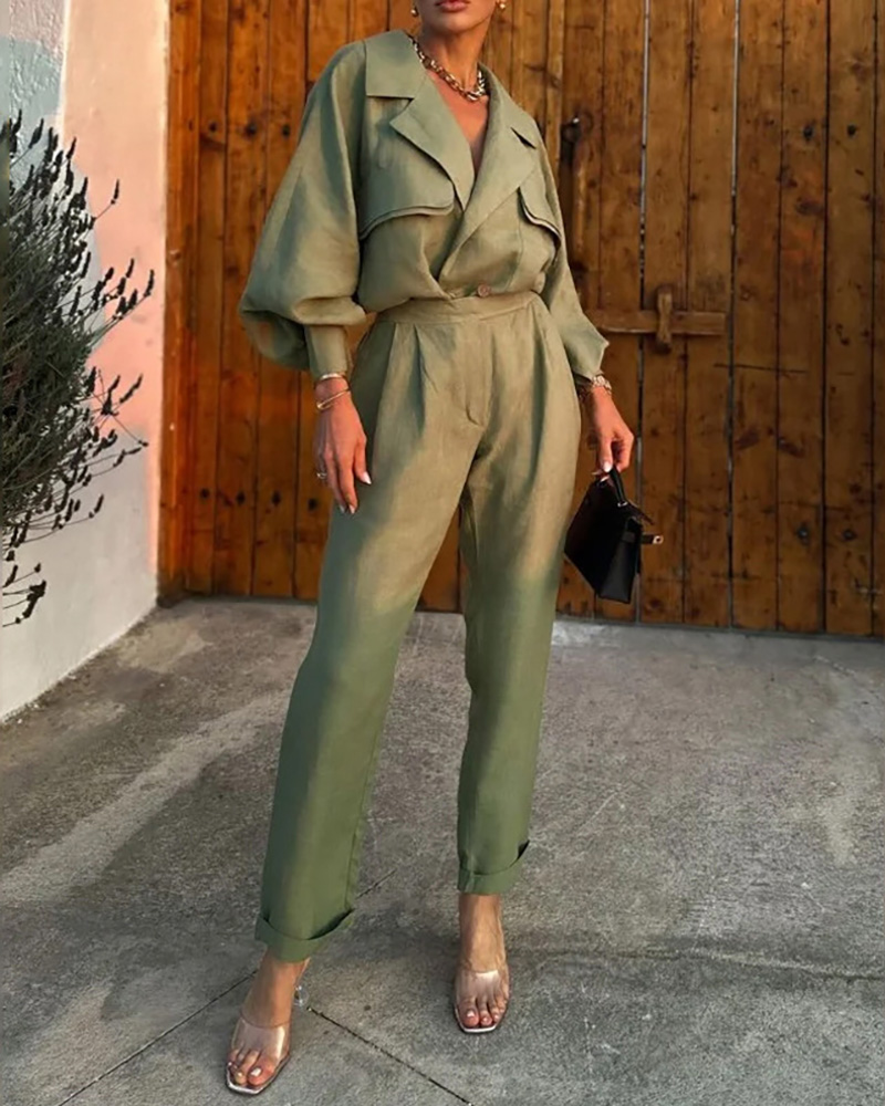 Collared casual cotton and linen breathable solid color two-piece set
