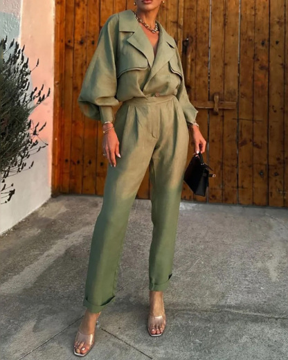 Collared casual cotton and linen breathable solid color two-piece set
