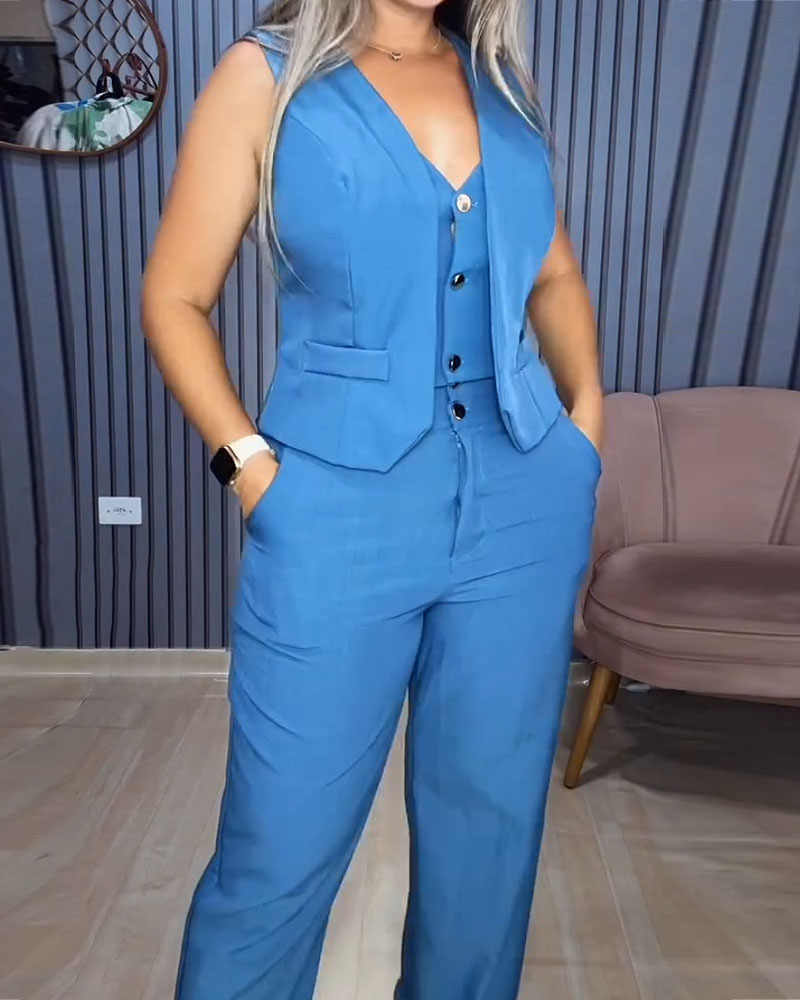 Commuting And Casual Solid Color Two-Piece Set