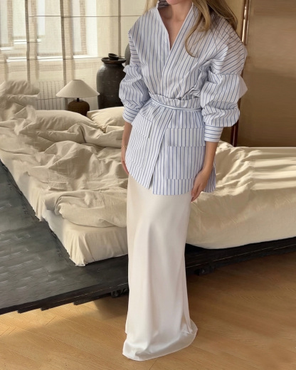 Striped Collared Shirt With Detachable Ruffled Tie