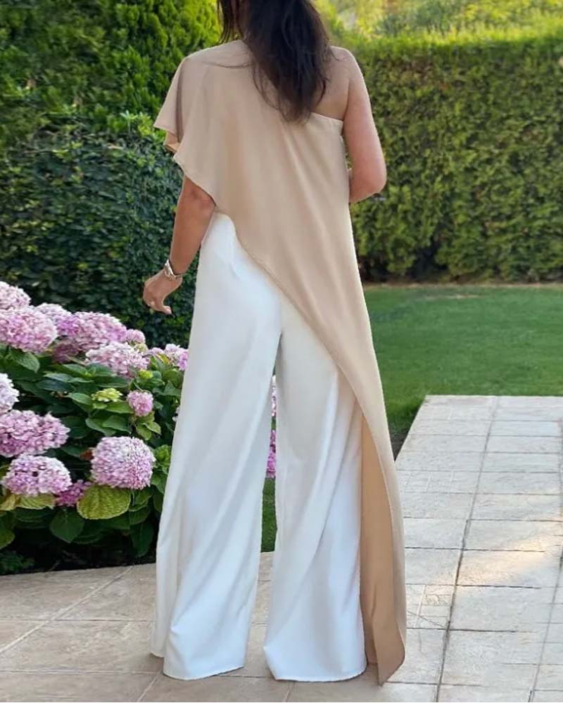 One-shoulder loose color-blocked casual jumpsuit