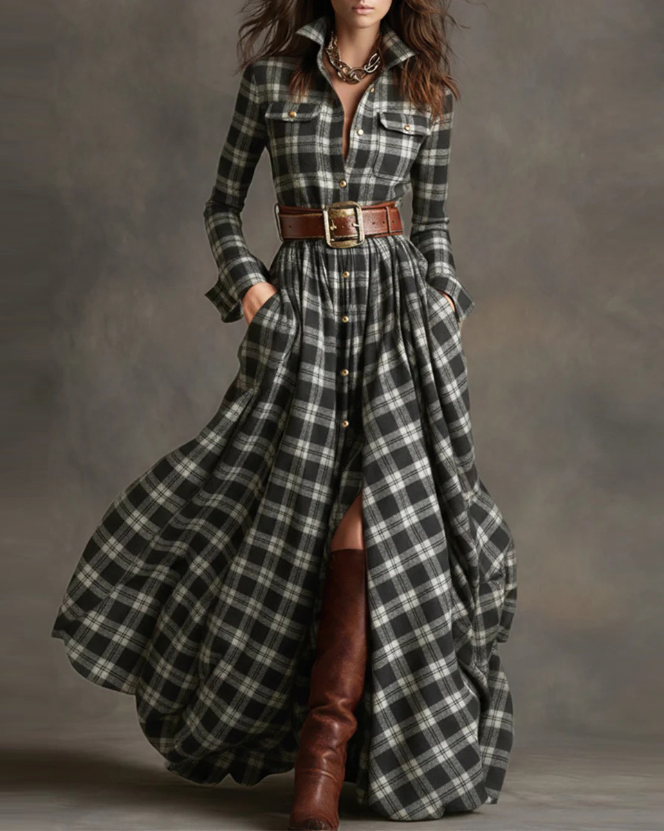 Collared, Long-Sleeve, Multicolor Plaid Print Dress