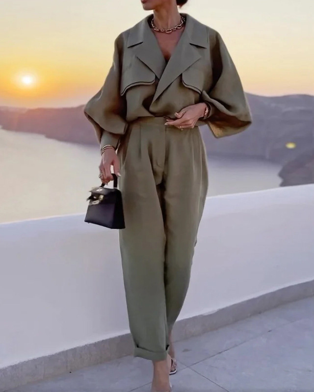 Collared casual cotton and linen breathable solid color two-piece set